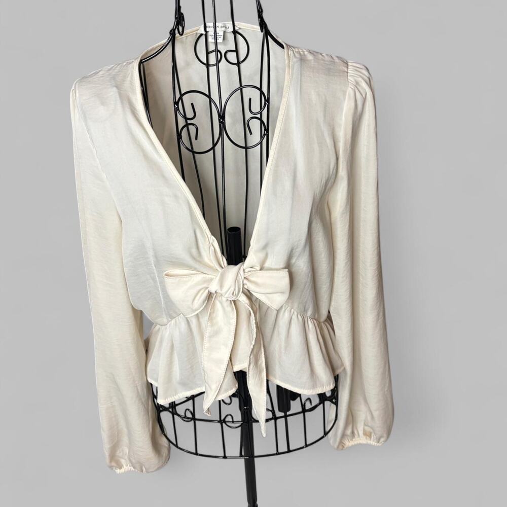 American Eagle Cream Tie Front Peplum Blouse Long Bubble Sleeve Ivory Small